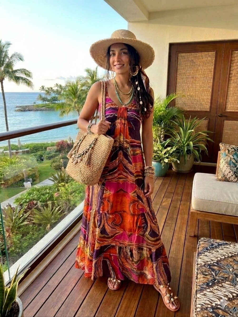 100% Cotton Bohemian Multicolor Empire Waist Tiered Maxi Dress - Orange & Pink